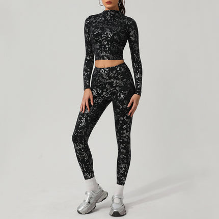 Cross-border Hot Silver Yoga Suit Advanced suit Women's Outdoor Training Running European and American Long Sleeve Fitness Suit suit