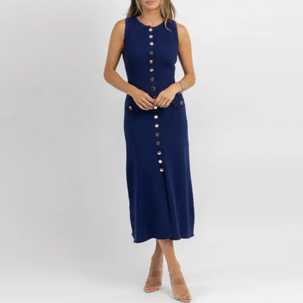 Cross-Border European and American Clothing Aliexpress Hot Wholesale European and American Style Women's Solid Color Sleeveless Knitted Mid-Length Dress