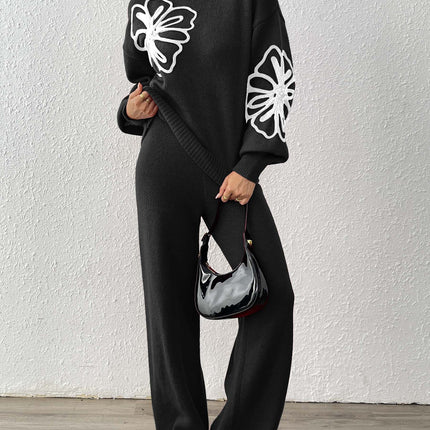 Cross-Border European and American Women's Clothing Set: Ribbon Embroidery Floral Half-High Collar Lantern Sleeve Pullover Sweater and Straight Wide-Leg Pants Two-Piece Set