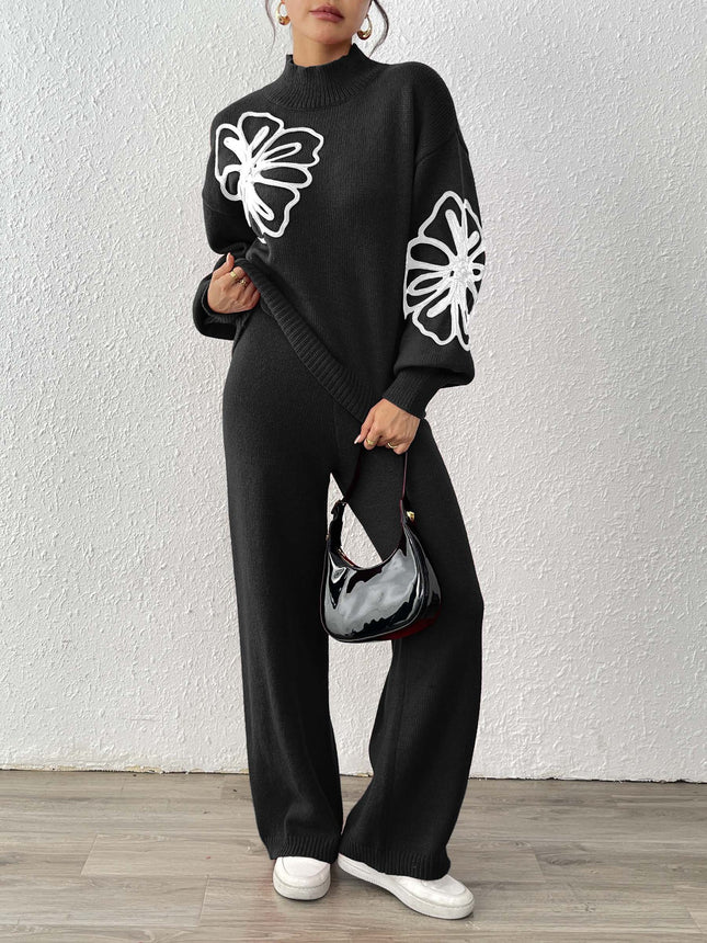 Cross-Border European and American Women's Clothing Set: Ribbon Embroidery Floral Half-High Collar Lantern Sleeve Pullover Sweater and Straight Wide-Leg Pants Two-Piece Set