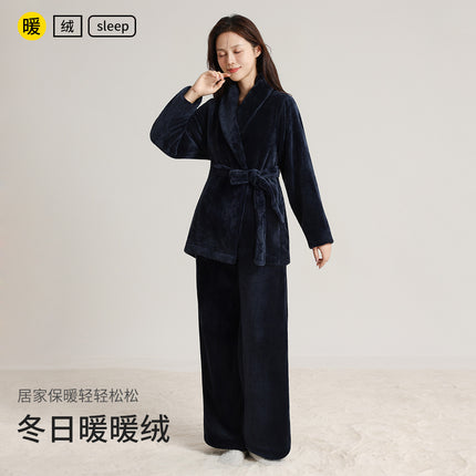 Couple's Autumn and Winter Thickened Pajamas with Green Fruit Collar, Simple and Luxurious Men's and Women's Cardigans, Double-Sided Velvet Warm Home Clothes Two-Piece Set
