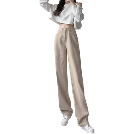 khaki Straight Leg Jeans Women's Fashion All-match New Korean Style High Waist Slimming Casual Narrow Wide Leg Long Pants