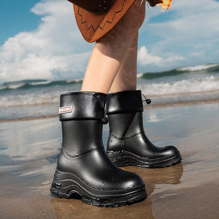 Cross-Border Korean Style Women's Waterproof Anti-Slip Rain Boots with Cotton to Keep Warm and Increase Wear-Resistant Rubber Shoes for Outdoor Camping Rain Boots Foreign Trade