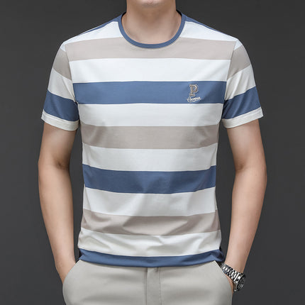 Famous Mouse Men's Summer New Cotton Pullover T-Shirt Men's Round Neck Striped Fashion Casual Short Sleeve Men's T-Shirt