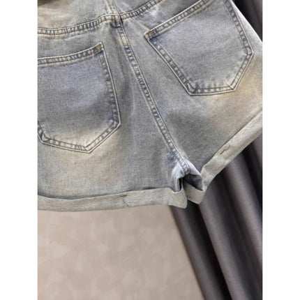 Black Grey Denim Shorts Women's Summer New Western Style Hot Drilling Slim Retro High Waist Curled Wide Leg Pants Hot Trendy Pants