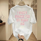 [pink letters on front and back] white / S