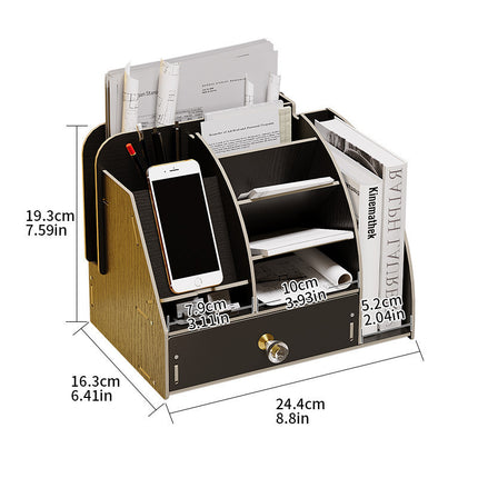 Wooden Office Desk Information Rack Stationery Filing Rack File Rack with Drawer Storage Box Desktop Creative Storage Box