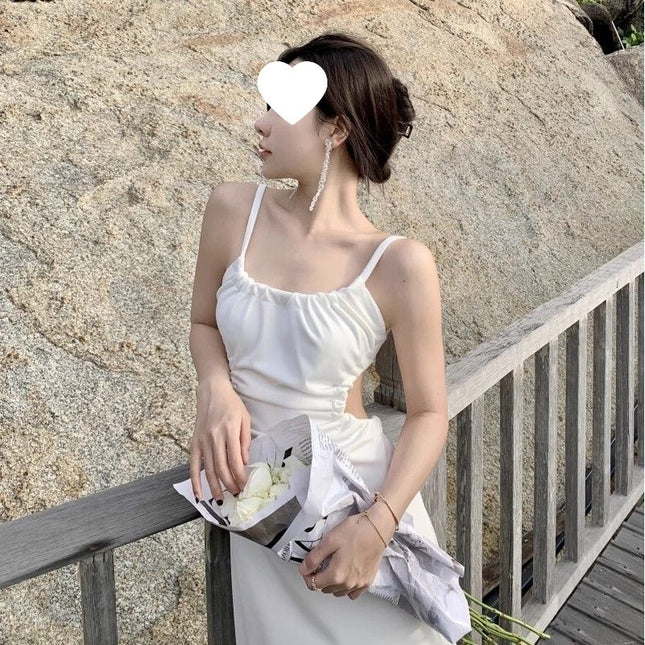 French Backless Elegant Suspender Skirt for Women, Summer Design White Dress with Straps, Slim-Fitting Sexy Long Skirt