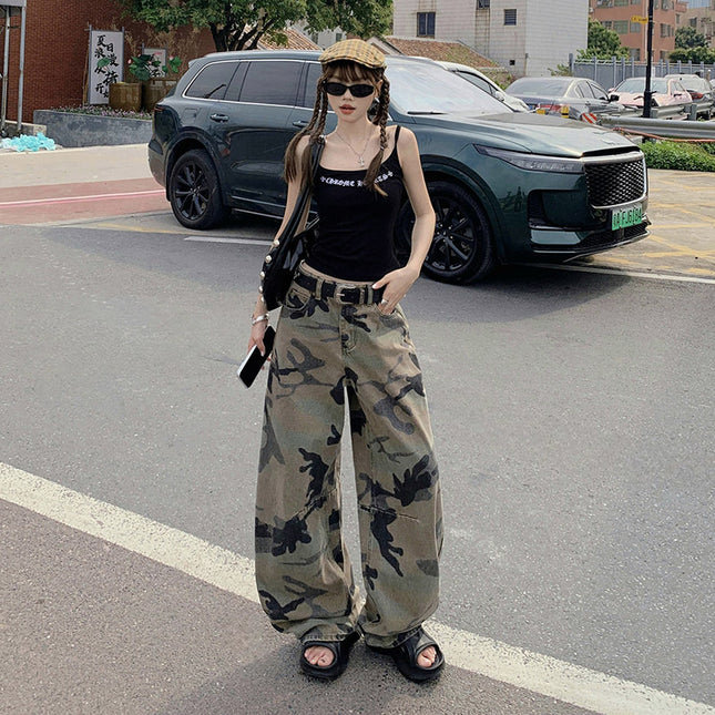 American Retro High Street Straight Washed Distressed Camouflage Jeans Women's High Waist Loose Wide Leg Drape Long Pants
