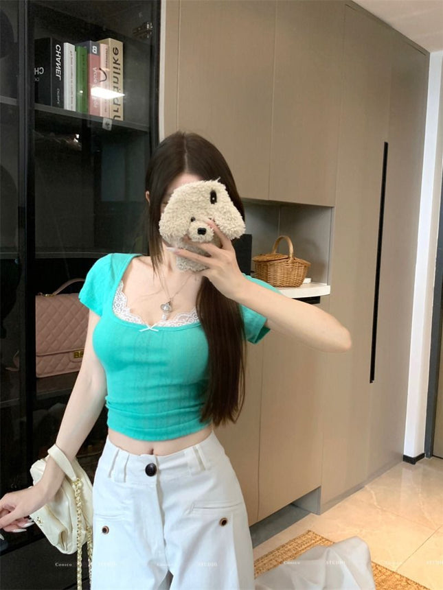 Korean-style Green Fake Two-piece Short-sleeved T-shirt Women's Summer Design Niche Lace Short Sweet Spice Top