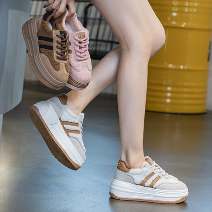 Winter cotton shoes thick sole hidden height 7cm genuine leather lamb wool shoes fleece-lined warm German training shoes striped break shoes for women