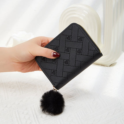 Daifa Korean Style Simple Clutch Bag 2024 Zipper Fur Ball Short Mini Solid Color Love Embroidered Throw Women's Wallet