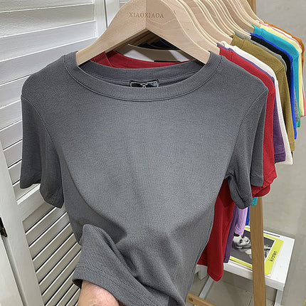 European New plus size Solid Color Loose Elastic Thread Short-sleeved T-shirt Women's Base Shirt Top Fashionable Green Shirt