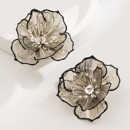 European and American New Hollow Multi-layer Flower Diamond Earrings Alloy Camellia Sweet Light Luxury High-end Sense Silver Pin Earrings