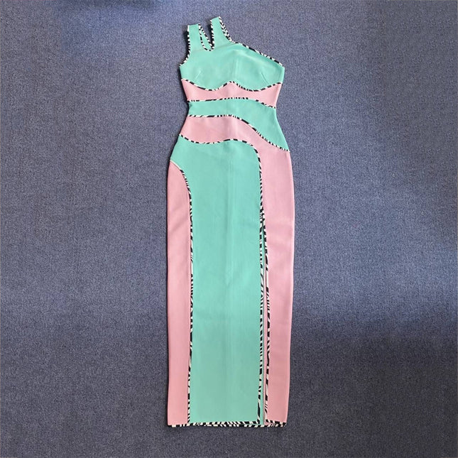 Bandage dress European and American Pink green one-shoulder slit long dress socialite banquet party evening dress