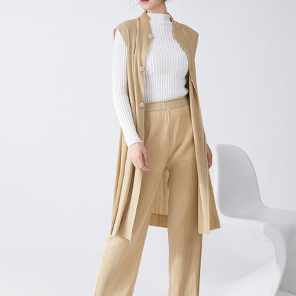 Miyake suit Women's High-end Professional Commuting All-match Mid-length Vest Cardigan Jacket Straight Pants Two-piece Set