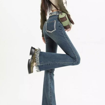 Burr-Edge Micro-Raise Jeans Women's Trendy All-Match New Explosive High-Waist Slim-Fit Horseshoe Trousers