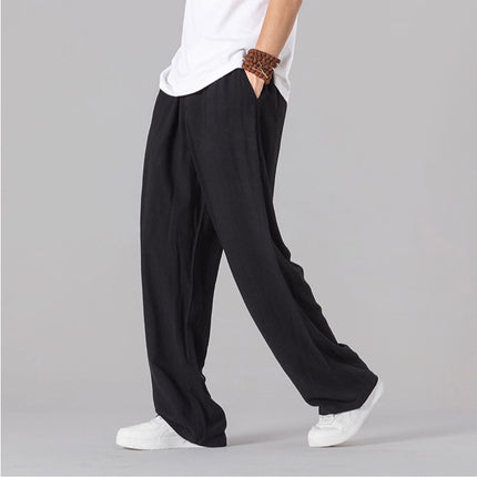 Cotton and linen pants men's summer thin loose linen casual pants outer wear mop floor plus size straight leg pants wholesale