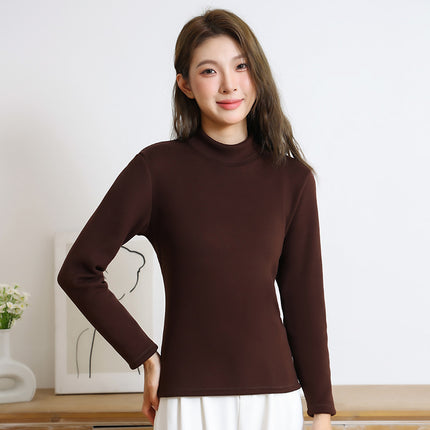New Women's Base Layer Top for Autumn and Winter, Red Long-Sleeve Brushed Fleece Thickened Thermal Underwear Versatile High-Neck Top