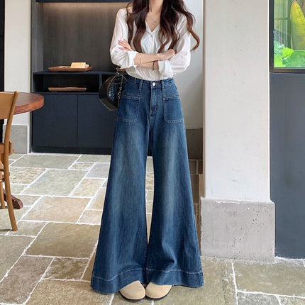 Vintage Mop Wide Leg Jeans Women's 2024 New Autumn Small High Waist Loose Dagging Big Leg Pants