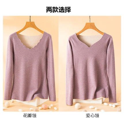 Warm top women's winter love neckline inner brushed fleece-lined thick loose all-match long sleeve seamless bottoming shirt