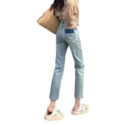 light blue Straight Leg Jeans Women's Spring 2024 New High Waist Slimming Design Niche French Stick Pipe Pants