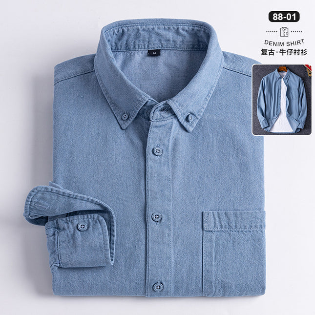 2023 new denim shirt buckle collar long sleeve casual men's tremolo fast hand a generation of retro Joker shirt