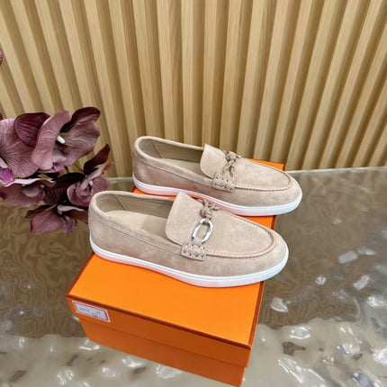 High-End Version of 2025 Autumn and Winter New Style Genuine Leather Metal Buckle Flats-Soled Men's and Women's Same Style Slip-On Lazy Loafers