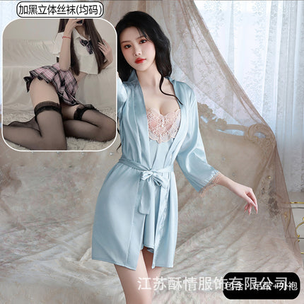 Suqing New Spring and Summer Comfortable Pajamas Backless Sweet Embroidered Lace Sling Nightgown Women's Cardigan Home Clothes suit