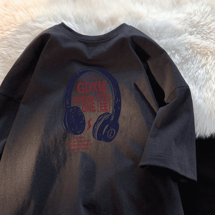 Ins Trendy Brand Headphone Printed Heavy Cotton Short-Sleeved T-Shirt Men's American Retro Summer Loose Round Neck Short-Sleeved T-Shirt