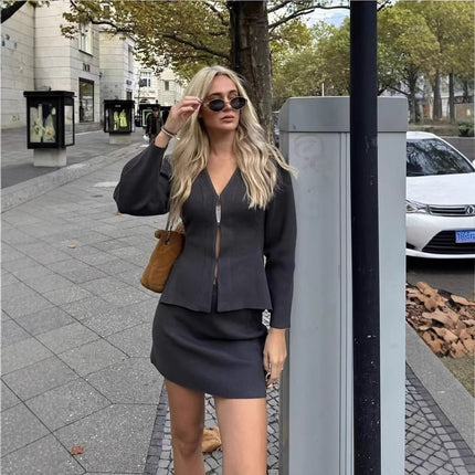 Cross-Border European and American Clothing Aliexpress Ins Popular Women's Clothing Simple Loose Knitted Jacket Mini Skirt Suit