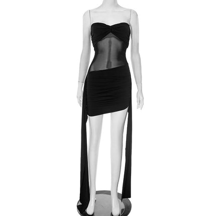 European and American Cross-Border Hot-Selling Women's Solid Color Strapless Mesh See-Through Splicing Ribbon Elegant Young Girl Sexy Short Dress