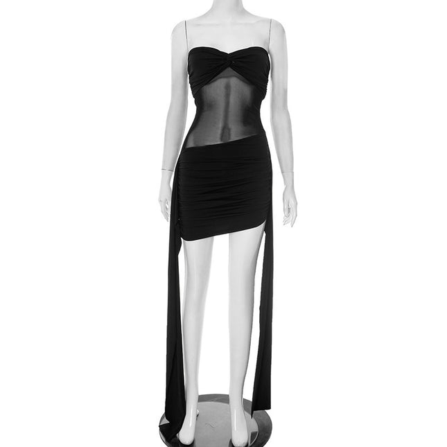European and American Cross-Border Hot-Selling Women's Solid Color Strapless Mesh See-Through Splicing Ribbon Elegant Young Girl Sexy Short Dress