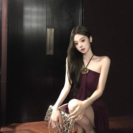 Elegant and Sexy Waist-Cinching French-Style A-Line Short Dress, 2025 Summer New Retro Purple Slim-Fit Dress