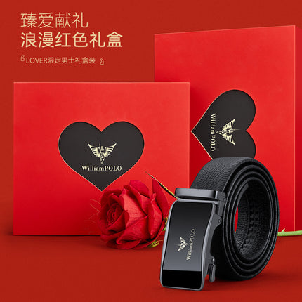 Paul Belt Men's Genuine Leather Birthday Gift Automatic Buckle High-end Red Gift Box for Husband Cowhide Belt Men