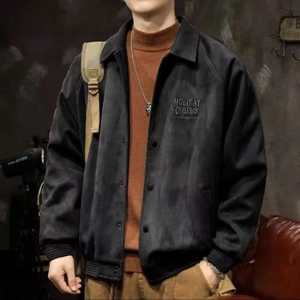 Gray green suede lapel baseball uniform men's loose spring and autumn heavy American casual jacket jacket top