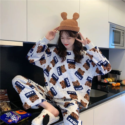 2024 New Autumn and Winter Coral Velvet Cartoon Stripesd Women's Pajamas Thickeneded and Wearable Home Wear Set
