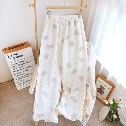 Spring and Summer Pajama Pants Women's Cotton Double-layer Gauze Loose Pants Floral Thin Lace Casual Outwear Home Pants