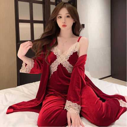 2025 New Autumn and Winter Pajamas, Nightgowns, Feminine Three-Piece Lace Edge Gold Velvet Home Clothes