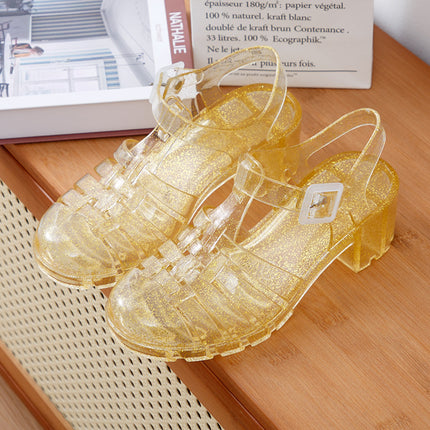 Summer Baotou Roman Women Sandals Retro High Heel Transparent Crystal Beach Shoes Non-slip Plastic Jelly Shoes Waterproof Shoes