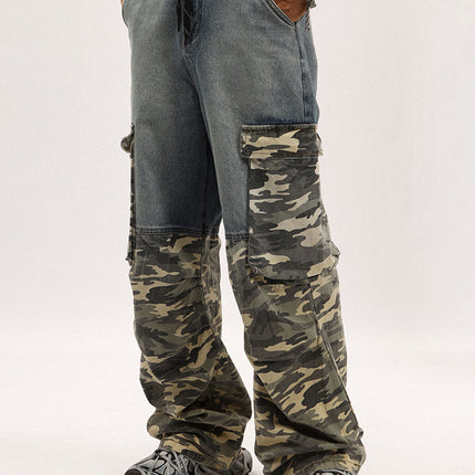 # OVDY Vintage Wash and Distressed Pants PROJECT G/R Stitching Camouflage Drawstring Tooling Denim Paratrooper Pants