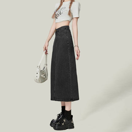 Split Denim Skirt Women's 2025 All-match New Arrival light blue A- Line Skirt Small Slimming Mid-length Hip Skirt