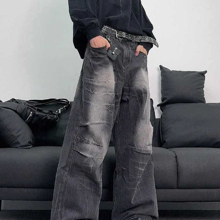 American Style Retro Niche Lightning Pattern Wide-legged Jeans Men's Loose Washed Pleated Straight Casual High Street Long Pants