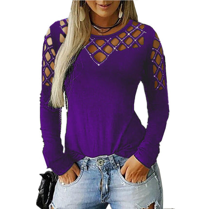 European and American cross-border 2023 Women's clothing eBay Amazon wish autumn and winter popular hollow rhinestone long-sleeved T-shirt top for women