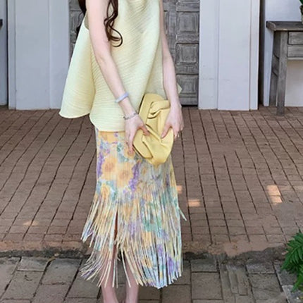Miyake Summer Women's suit High-end Style with a Set of Tassel Pleated Skirt Sleeveless T-shirt Two-piece Set for Women