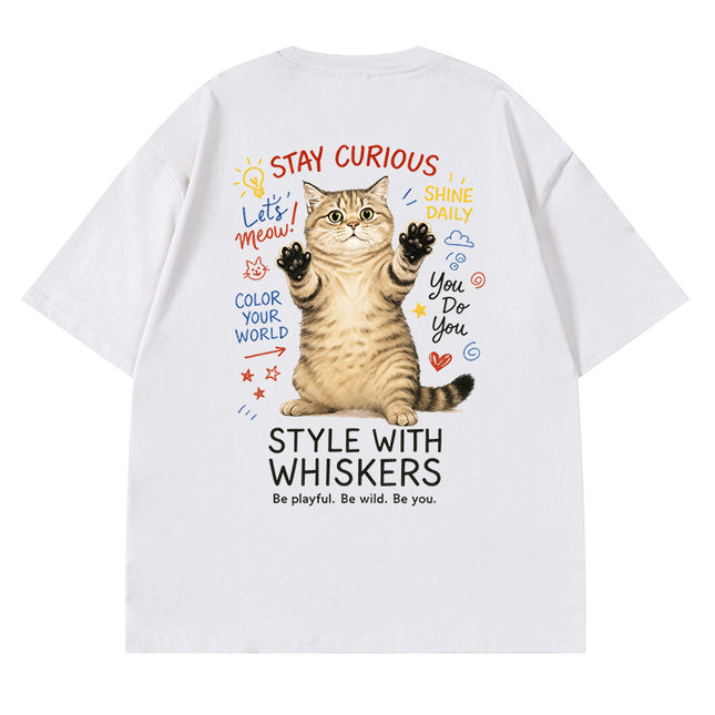 Cross-border short-sleeved T-shirt for boys and girls Korean-style cartoon casual pet cat hip-hop top for lovers summer versatile half-sleeve