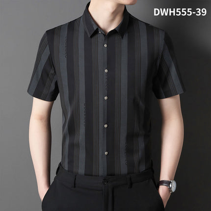 Summer New Vertical Striped Shirt for Men, Short-Sleeved Business Casual High-Elastic Seamless Shirt, Slim Fit Light Business