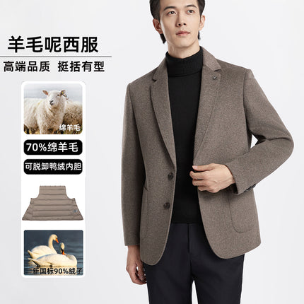 Men's Business Casual Suit Jacket Autumn and Winter Classy Thickeneded Removable down Double-Sided Woolen Outwear
