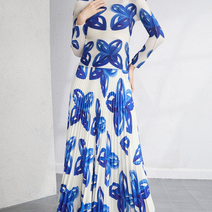 European High-End Printed Pleated Skirt Two-Piece Set Autumn New Miyake Fashion Pleated Suit for Women
