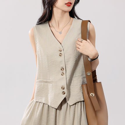 Linen V Neck Vest Cardigan for Women 2025 Summer New Pure Color Sleeveless with Pockets Layered Loose Waistcoat Top